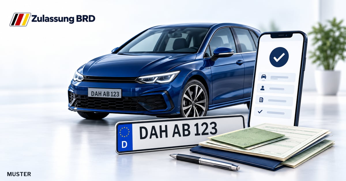Online Fahrzeugzulassung in Dachau: Musterkennzeichen DAH AB 123, Auto und Fahrzeugpapiere und Smartphone. Illustration mit Logo von Zulassung BRD.